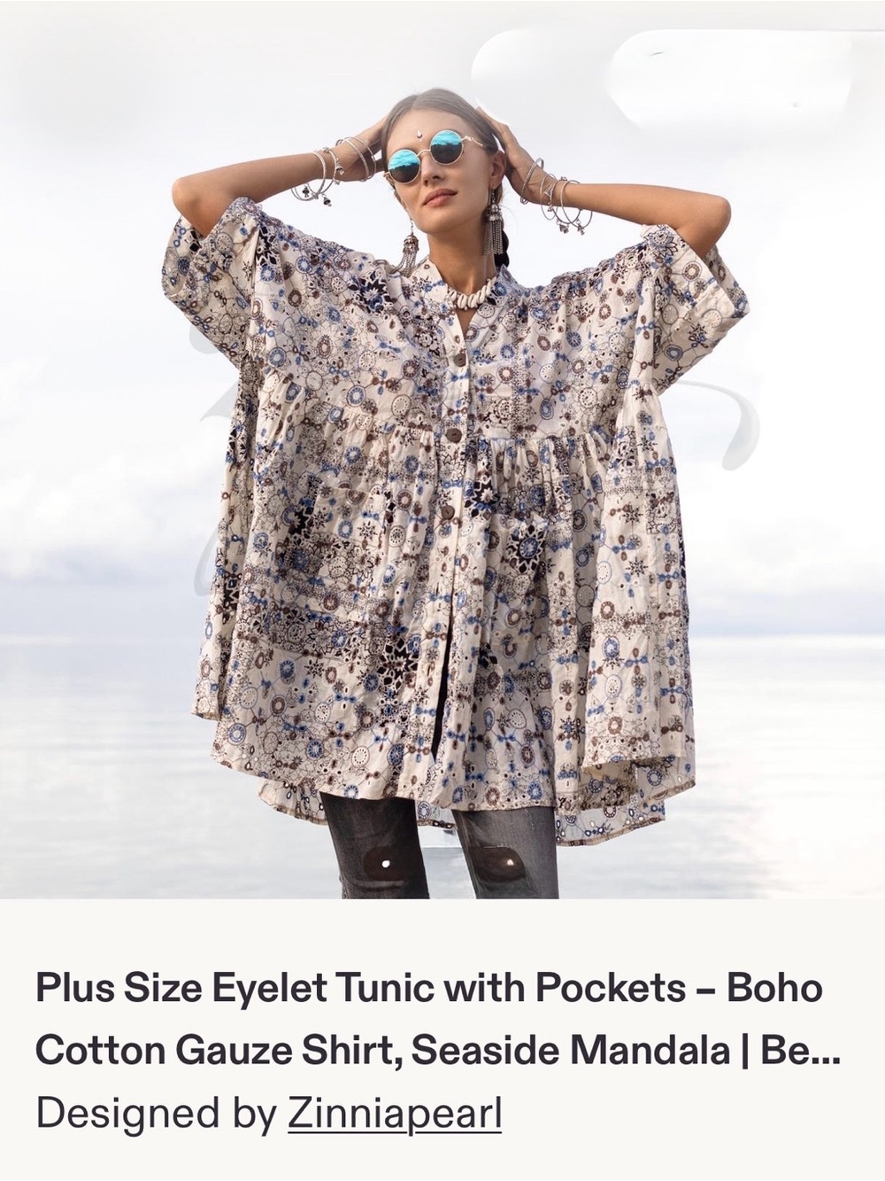 Plus Size Boho Eyelet Tunic in Cream with Blue Mandala Print